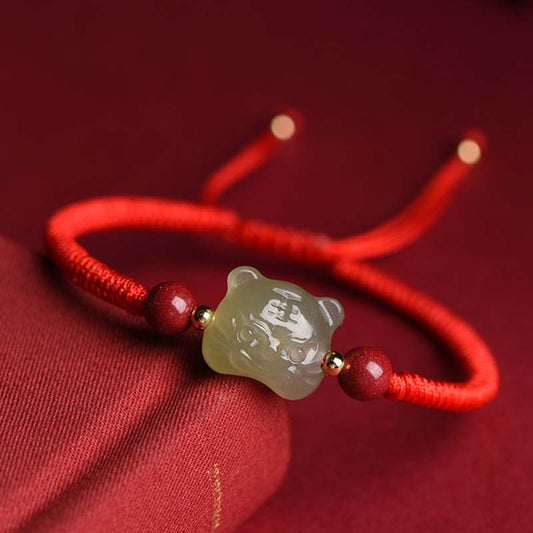 Ancient Tibetan Buddhist Red String Tradition Jade Cinnabar Lucky Tiger String Bracelet