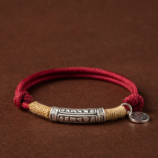 Ancient Tibetan Buddhist Red String Tradition 999 Sterling Silver Tibet Handmade Om Mani Padme Hum Fu Character TopRank Character Luck Braided Bracelet