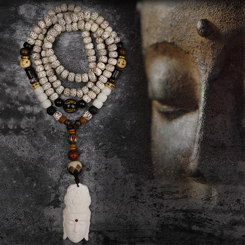 Spirituality 108 Mala Beads Bodhi Seed Yak Bone Avalokitesvara Lucky Pixiu Guan Gong Buddha Demon Peace Tassel Bracelet