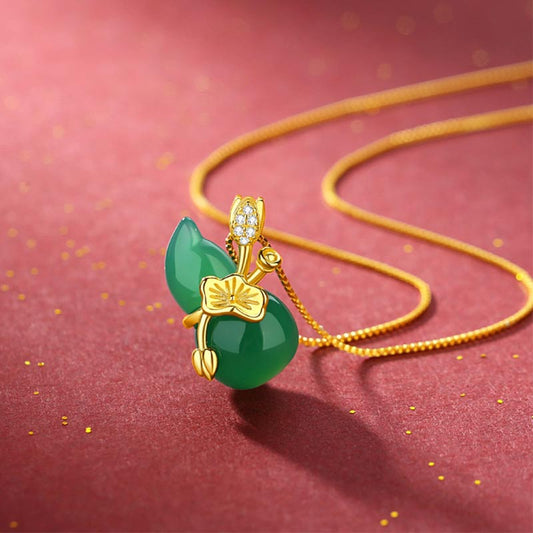 Jade Cyan Jade Gourd Lotus Leaf Abundance Pendant Necklace