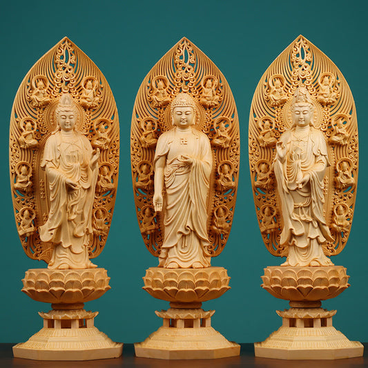 Spirituality Handcrafted Kwan Yin Avalokitesvara Tathagata Mahasthamaprapta Bodhisattva Statue Boxwood Abundance Decoration