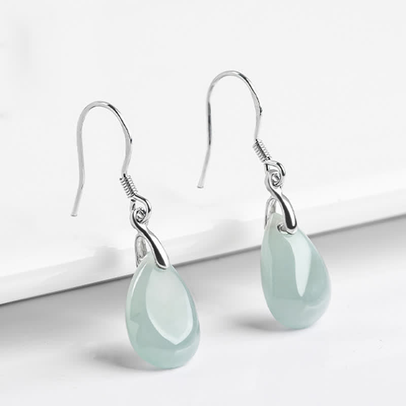 Jade 925 Sterling Silver Jade Water Drop Pattern Luck Prosperity Dangle Earrings