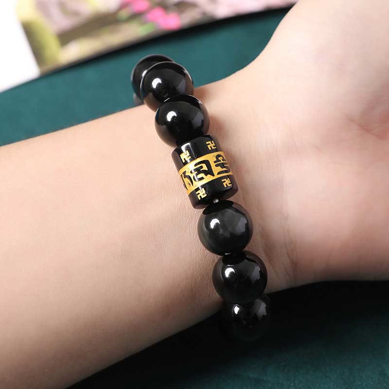 Spirituality Buddha Karma Rainbow Obsidian Om Mani Padme Hum Swastika Positive Bracelet