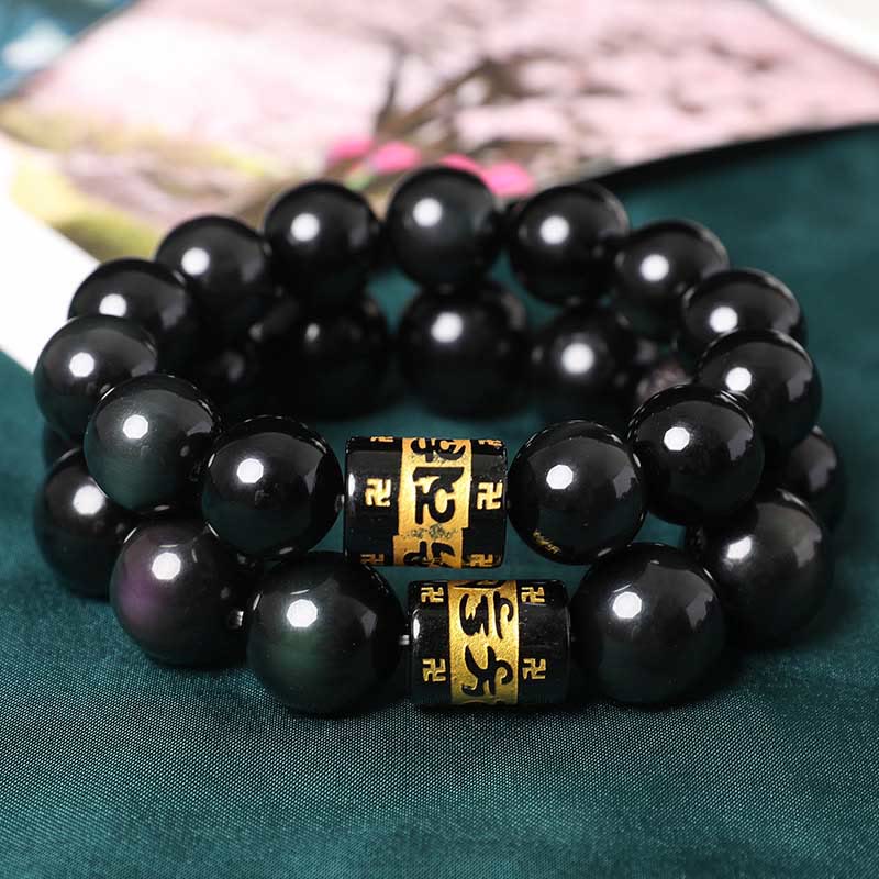 Spirituality Buddha Karma Rainbow Obsidian Om Mani Padme Hum Swastika Positive Bracelet