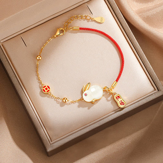 Jade Year of the Rabbit White Jade Happiness Red String Chain Bracelet