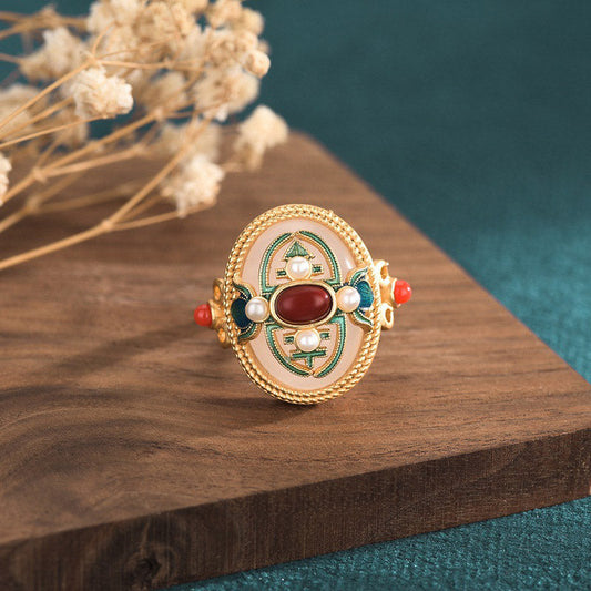 Jade White Jade Red Agate Happiness Luck Ring