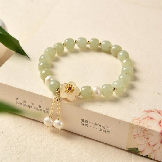Jade Hetian Jade Flower Pearl Happiness Abundance Bracelet