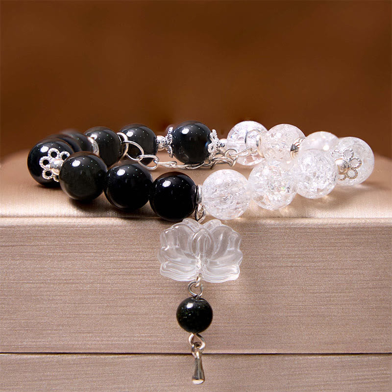 Spirituality Buddha Karma Silver Sheen Obsidian Crackle Clear Quartz Black Rutilated Quartz Yin Yang Lotus Protection Bracelet