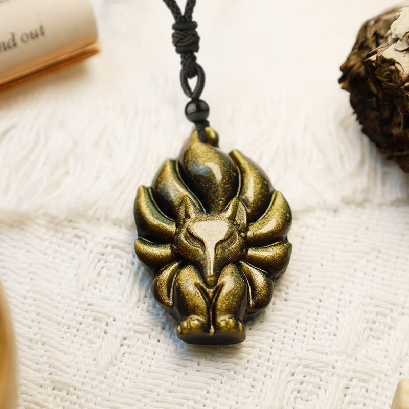 Spirituality Buddha Karma Natural Fluorite Gold Sheen Obsidian Fox Pendant Protection Necklace
