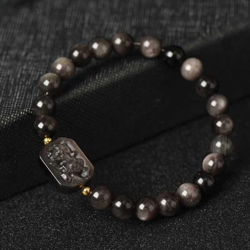 Spirituality Buddha Karma Silver Sheen Obsidian Lotus Flower Nine Tailed Fox Laughing Buddha Protection Bracelet