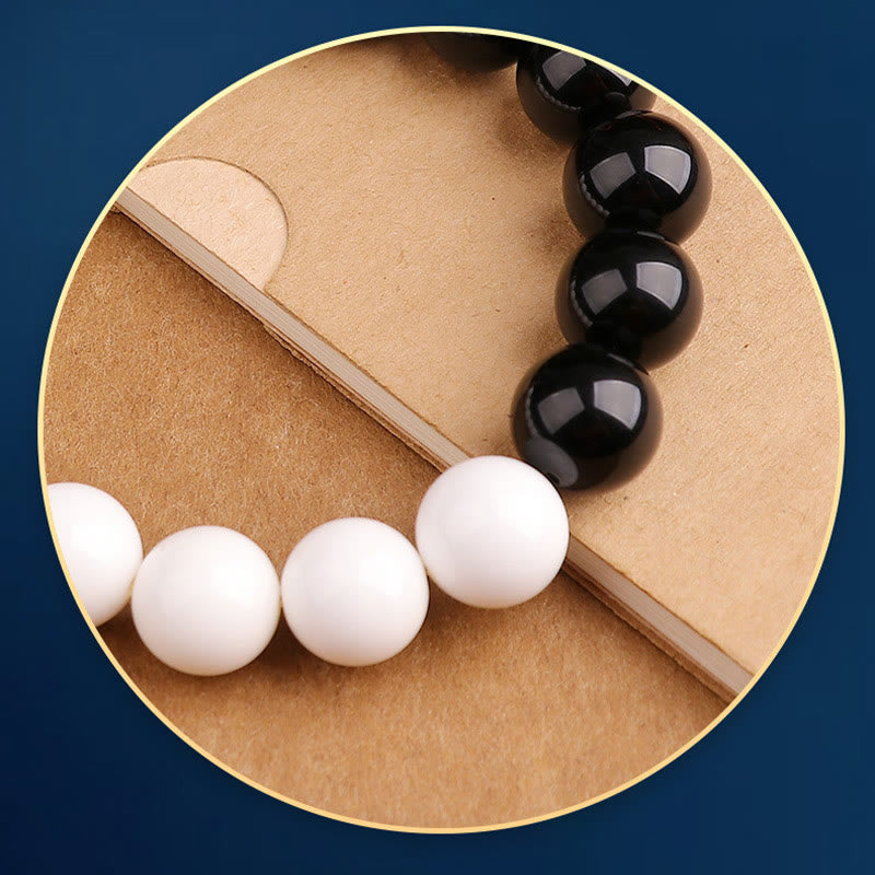 Spirituality Buddha Karma 925 Sterling Silver Black Obsidian White Shell Yin Yang Strength Bracelet