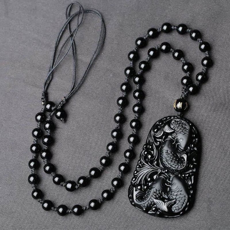 Spirituality Buddha Karma Black Obsidian Koi Fish Engraved Strength Beaded Necklace Pendant