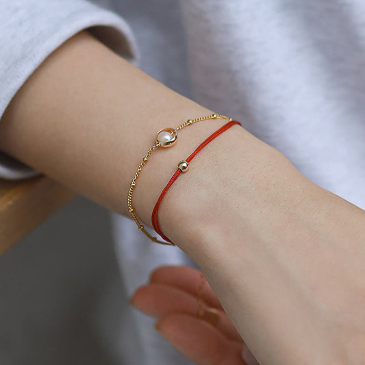 Ancient Tibetan Buddhist Red String Tradition 14K Gold Plated Pearl Bead Luck Red String Double Layer Bracelet