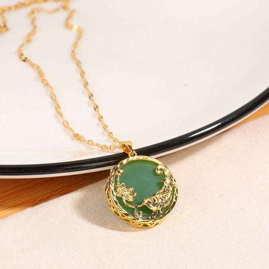 Jade  Natural Jade Koi Fish Lotus Luck Necklace Pendant