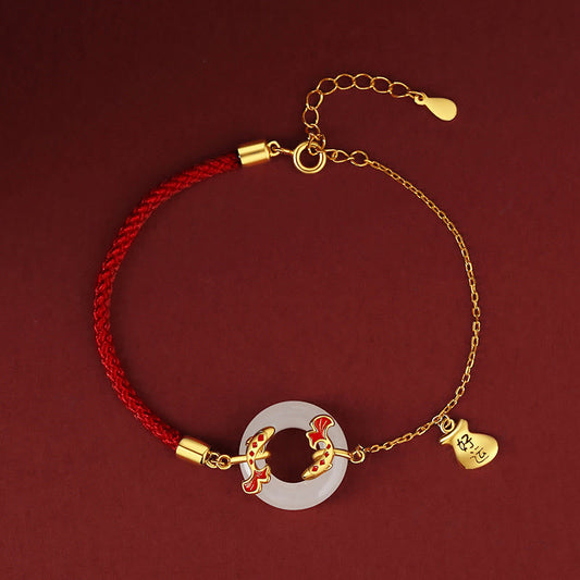 Jade 999 Sterling Silver Hetian White Jade Double Koi Fish Peace Buckle Lucky Charm Wealth Bracelet