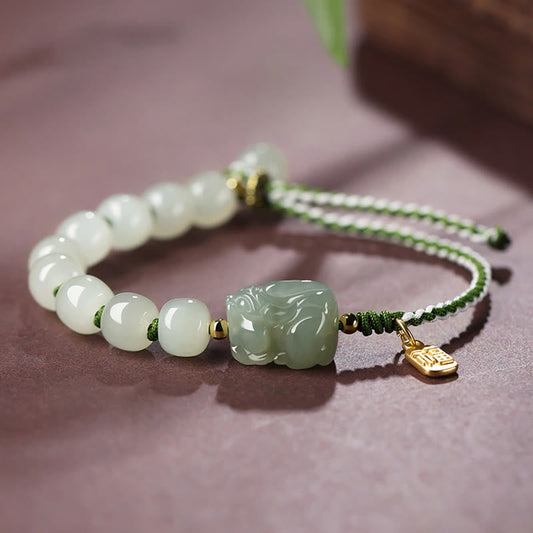 Jade Natural Hetian Jade PiXiu Luck Fu Character String Bracelet