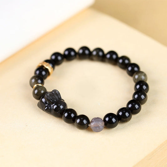 Spirituality Buddha Karma Gold Sheen Obsidian Black Obsidian Silver Sheen Obsidian Cute Rabbit Protection Bracelet