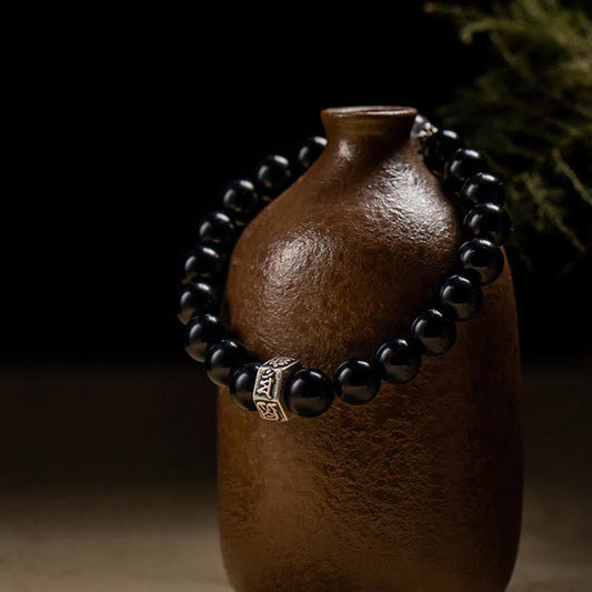 Spirituality Buddha Karma Chinese Zodiac Natal Buddha 925 Sterling Silver Black Obsidian Moonstone Strength Bracelet