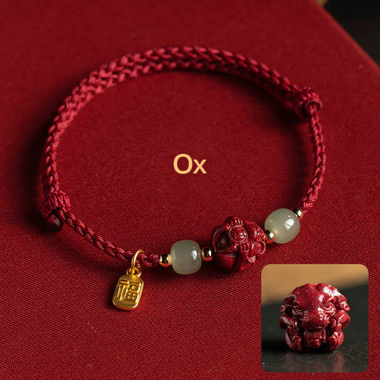 Ancient Tibetan Buddhist Red String Tradition Natural Cinnabar Chinese Zodiac Hetian Jade Fu Character Luck Rope Bracelet