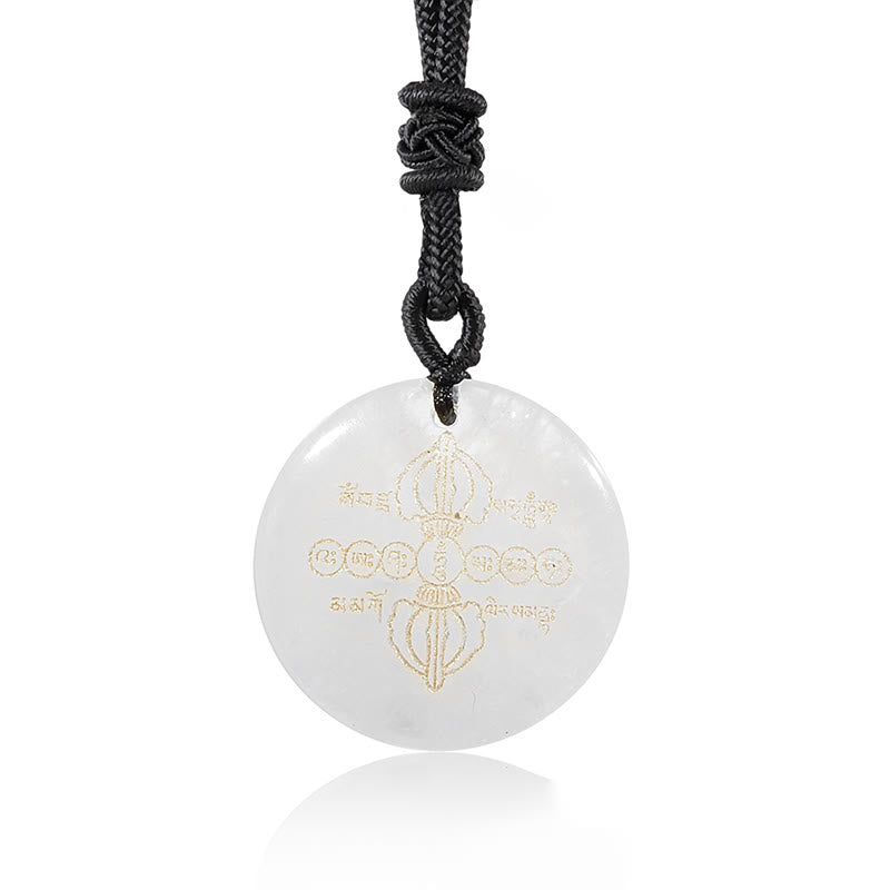 Spirituality Buddha Karma Vajra Dorje Sanskrit Pattern Natural Various Crystal Black Obsidian Fulfilment Necklace Pendant