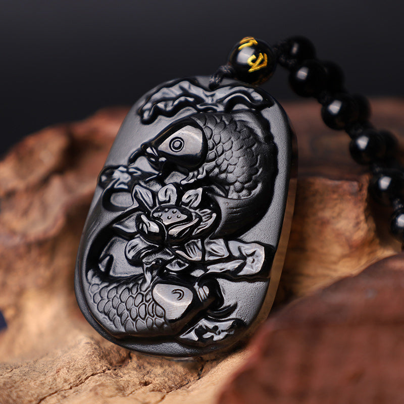 Spirituality Buddha Karma Natural Black Obsidian Koi Fish Lotus Strength Beaded Necklace Pendant