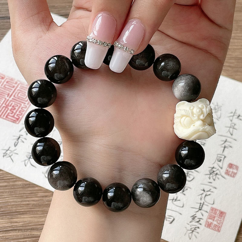 Spirituality Buddha Karma Silver Sheen Obsidian Bodhi Seed Ivory Fruit Dancing Lion Protection Bracelet