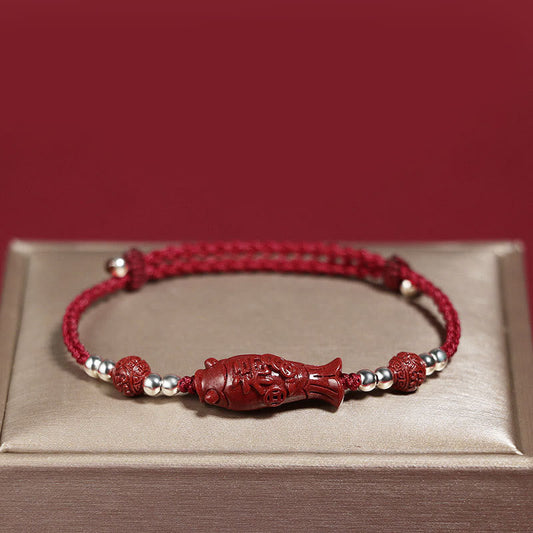 Ancient Tibetan Buddhist Red String Tradition 925 Sterling Silver Koi Fish Cinnabar Fu Character Copper Coin Wealth Braided Bracelet