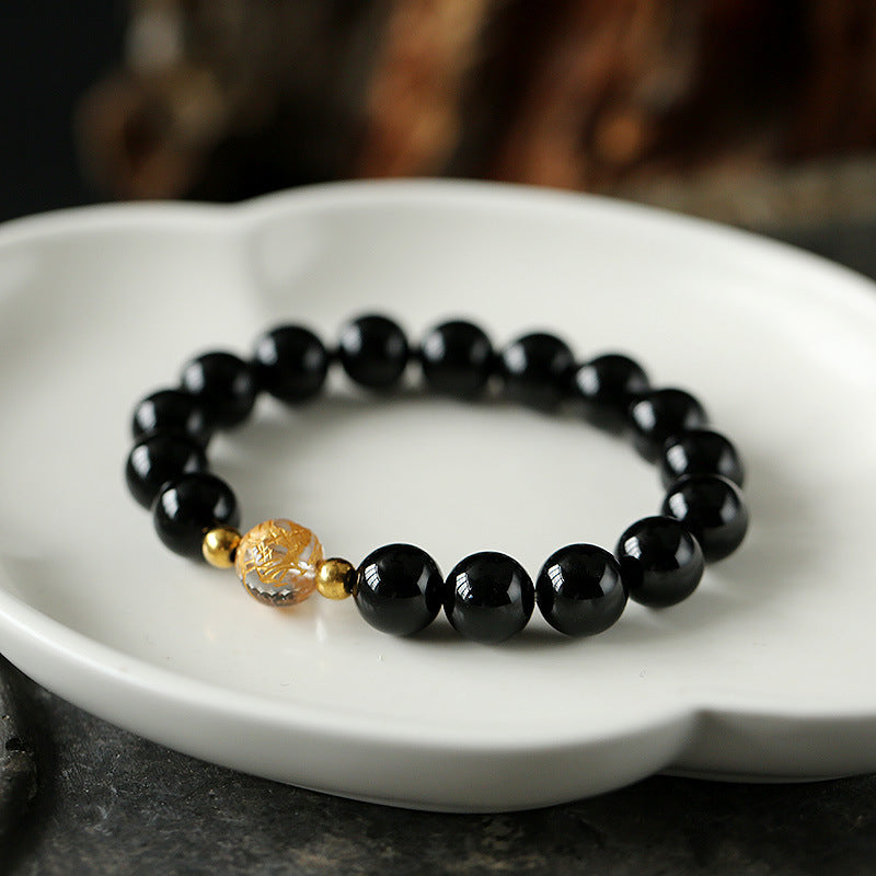 Spirituality Buddha Karma Natural Black Obsidian White Crystal Black Onyx Dragon Strength Bracelet