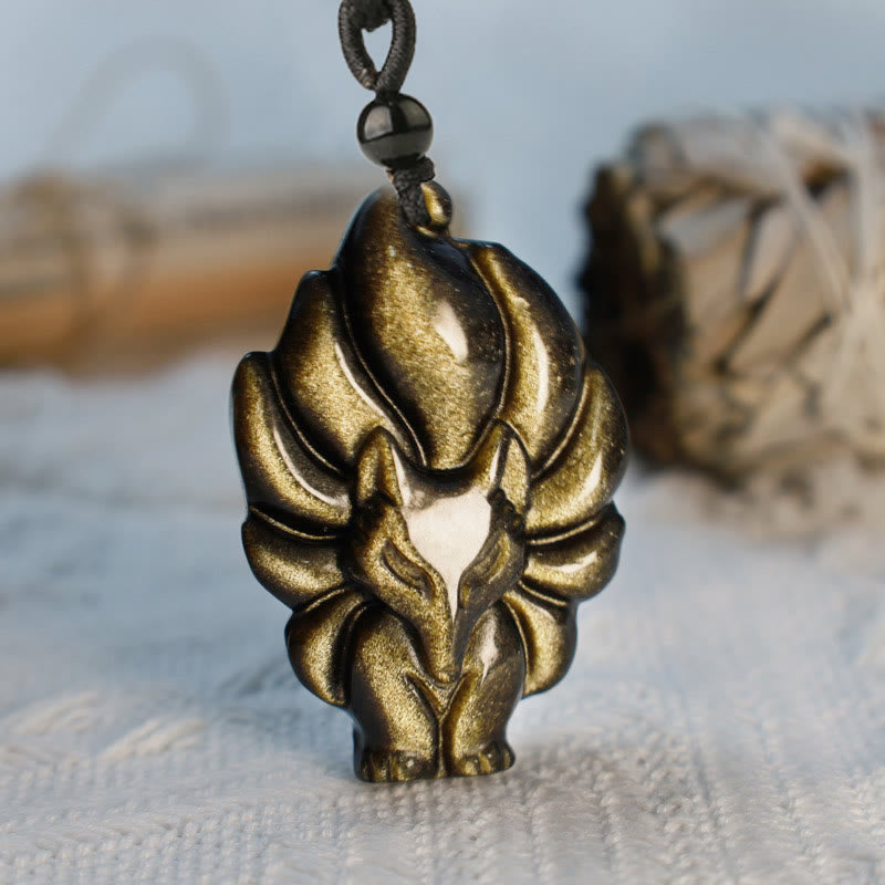 Spirituality Buddha Karma Natural Fluorite Gold Sheen Obsidian Fox Pendant Protection Necklace