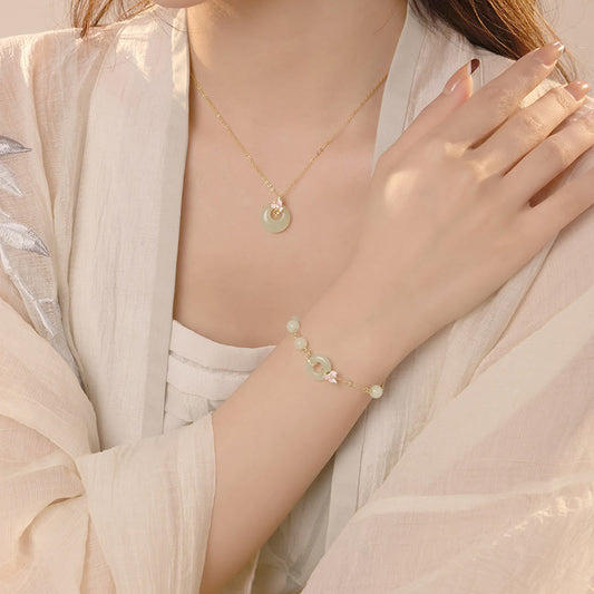 Jade 925 Sterling Silver Natural Hetian Jade Peace Buckle Orchid Luck Bracelet Necklace Pendant Set