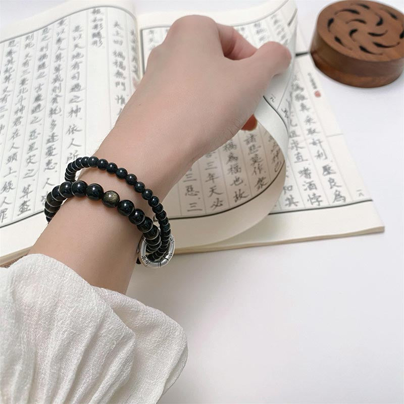 Spirituality Buddha Karma 999 Sterling Silver Black Obsidian Fulfillment Strength Double Layer Bracelet