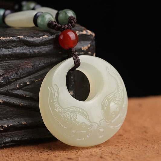 Jade White Jade Double Koi Fish Carved Prosperity Success Necklace Pendant