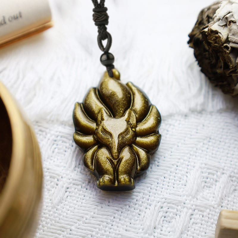 Spirituality Buddha Karma Natural Fluorite Gold Sheen Obsidian Fox Pendant Protection Necklace