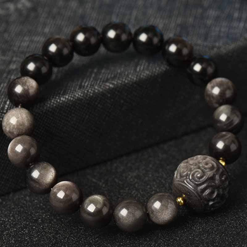Spirituality Buddha Karma Silver Sheen Obsidian Lotus Flower Nine Tailed Fox Laughing Buddha Protection Bracelet