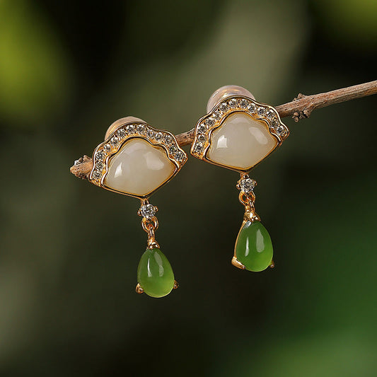 Jade White Jade Cyan Jade Fan Water Drop Pattern Luck Drop Earrings