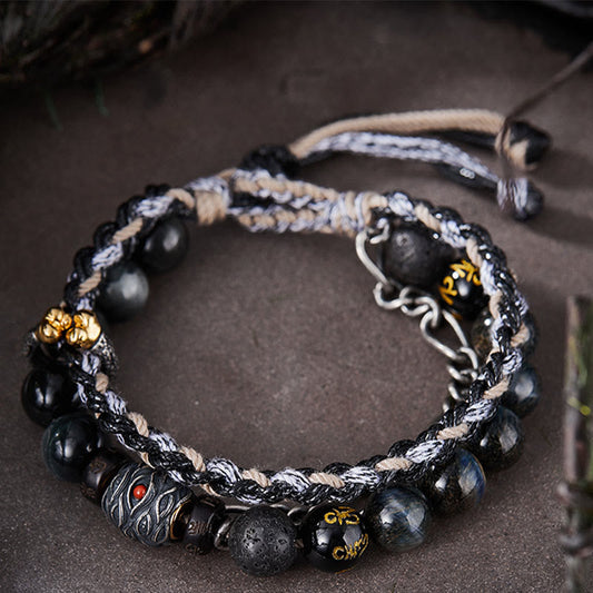 Ancient Tibetan Buddhist Red String Tradition 925 Sterling Silver Lava Rock Eagle's Eye Stone Lucky Beads Handmade Healing Bracelet