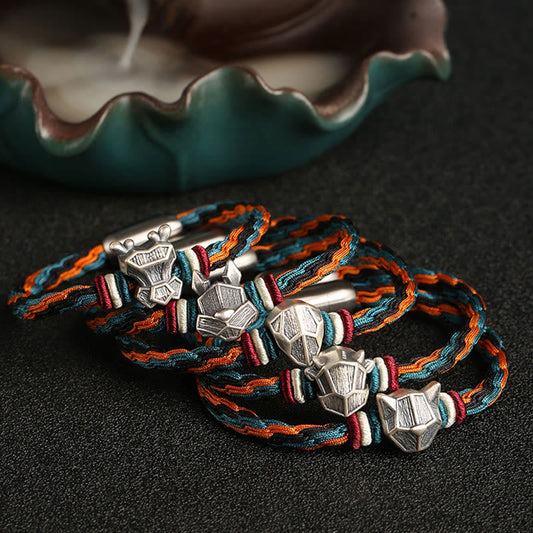 Ancient Tibetan Buddhist Red String Tradition Handmade 999 Sterling Silver Year of the Dragon Chinese Zodiac Protection Colorful Reincarnation Knot Rope Bracelet