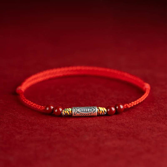 Ancient Tibetan Buddhist Red String Tradition 925 Sterling Silver Koi Fish Cinnabar Bead Wealth Handcrafted Braided Bracelet Anklet