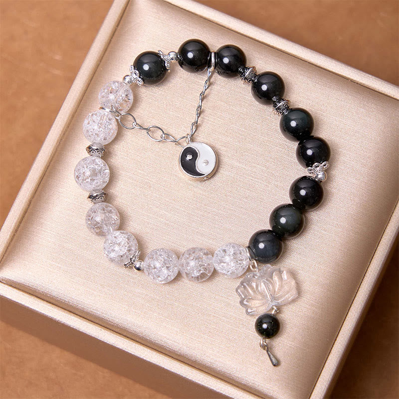 Spirituality Buddha Karma Silver Sheen Obsidian Crackle Clear Quartz Black Rutilated Quartz Yin Yang Lotus Protection Bracelet