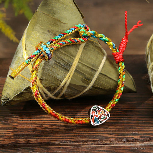 Ancient Tibetan Buddhist Red String Tradition 925 Sterling Silver Dragon Boat Festival Fu Character Zongzi Pattern Luck Handmade Multicolored Child Adult Bracelet