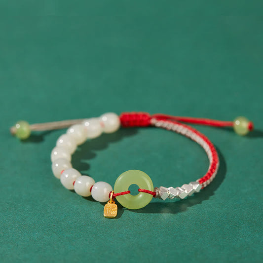 Jade 925 Sterling Silver Hetian Jade Peace Buckle Beaded Luck Happiness Charm Bracelet