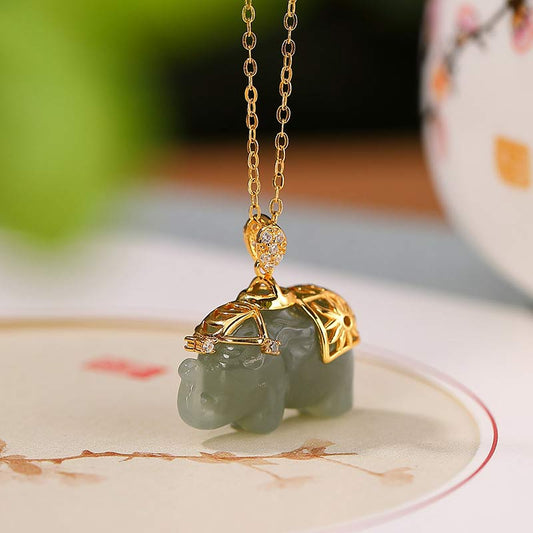 Jade 925 Sterling Silver Jade Elephant Blessing Fortune Necklace Chain Pendant