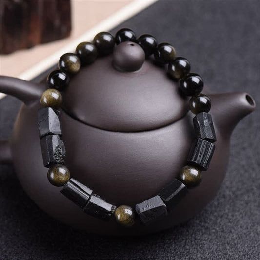 Spirituality Buddha Karma Gold Sheen Obsidian Black Tourmaline Wealth Bracelet