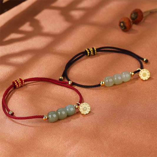 Ancient Tibetan Buddhist Red String Tradition Handmade Hetian Jade Bead Lotus Pod Prosperity Luck Braided Bracelet
