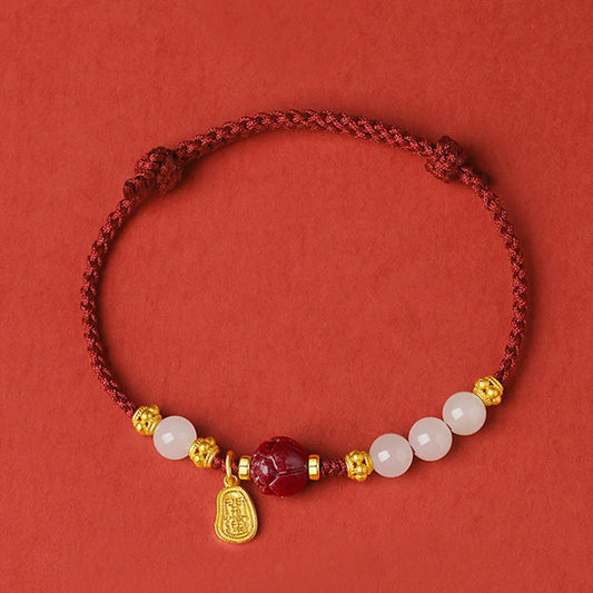 Jade 24K Gold Plated Hetian White Jade Cinnabar Lotus Luck Rope Bracelet