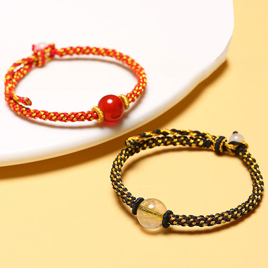 Ancient Tibetan Buddhist Red String Tradition Handmade Red Agate Amethyst Golden Rutilated Quartz Pink Crystal Bead Calm Braided Bracelet