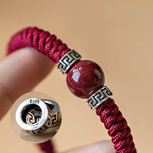 Ancient Tibetan Buddhist Red String Tradition 925 Sterling Silver Natural Cinnabar Bead Calm Handmade Braided String Bracelet