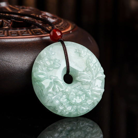 Jade Round Jade Peace Buckle Peony Flower Abundance Necklace Pendant