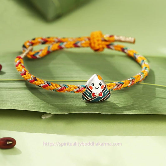 Ancient Tibetan Buddhist Red String Tradition 925 Sterling Silver Dragon Boat Festival Zongzi Pattern Luck Handmade Multicolored Rope Child Adult Bracelet