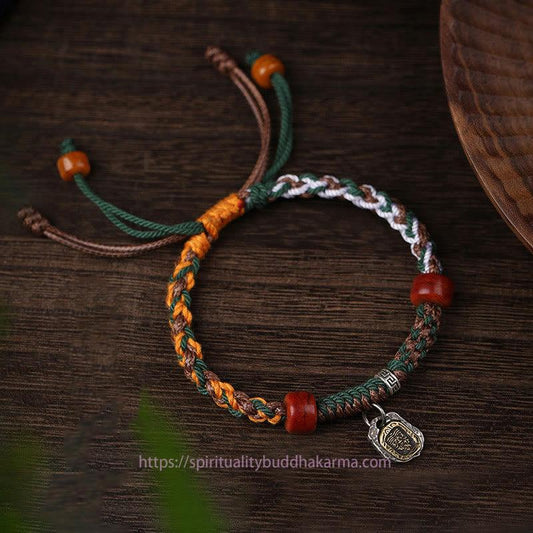 Ancient Tibetan Buddhist Red String Tradition Handmade Tibetan Silver 925 Sterling Silver Zakiram Goddess of Wealth Camel Bone Protection Braided Bracelet